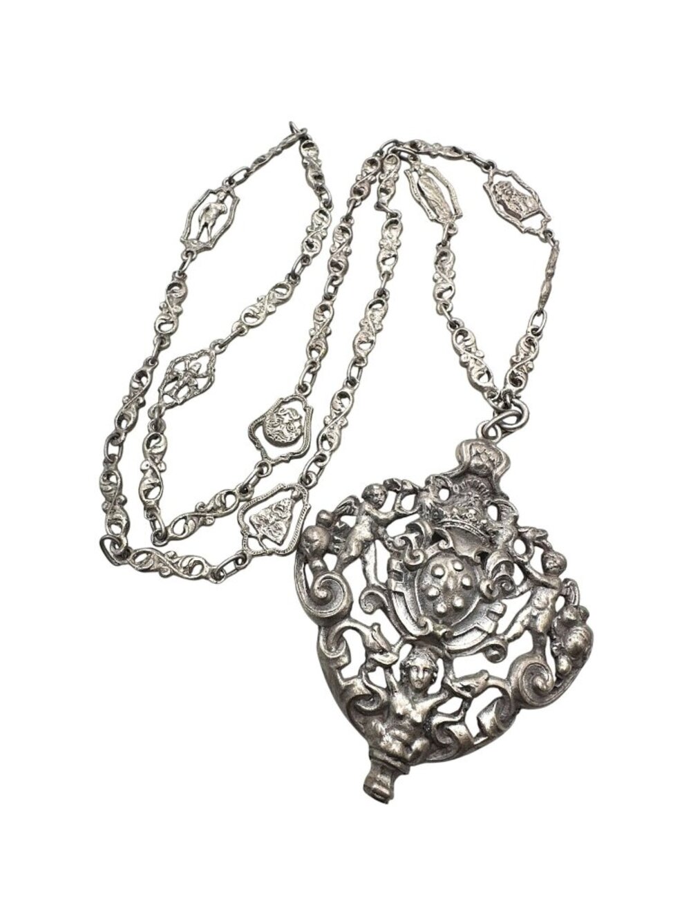 Antique Italy Gothic Necklace Chain Cherubs 800 Silver Unsigned Peruzzi Vintage